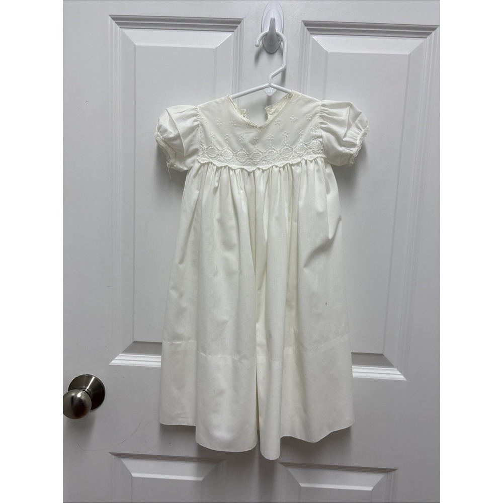Vintage Handmade ?‎ White Cotton Smocked-Bodice Christening Gown